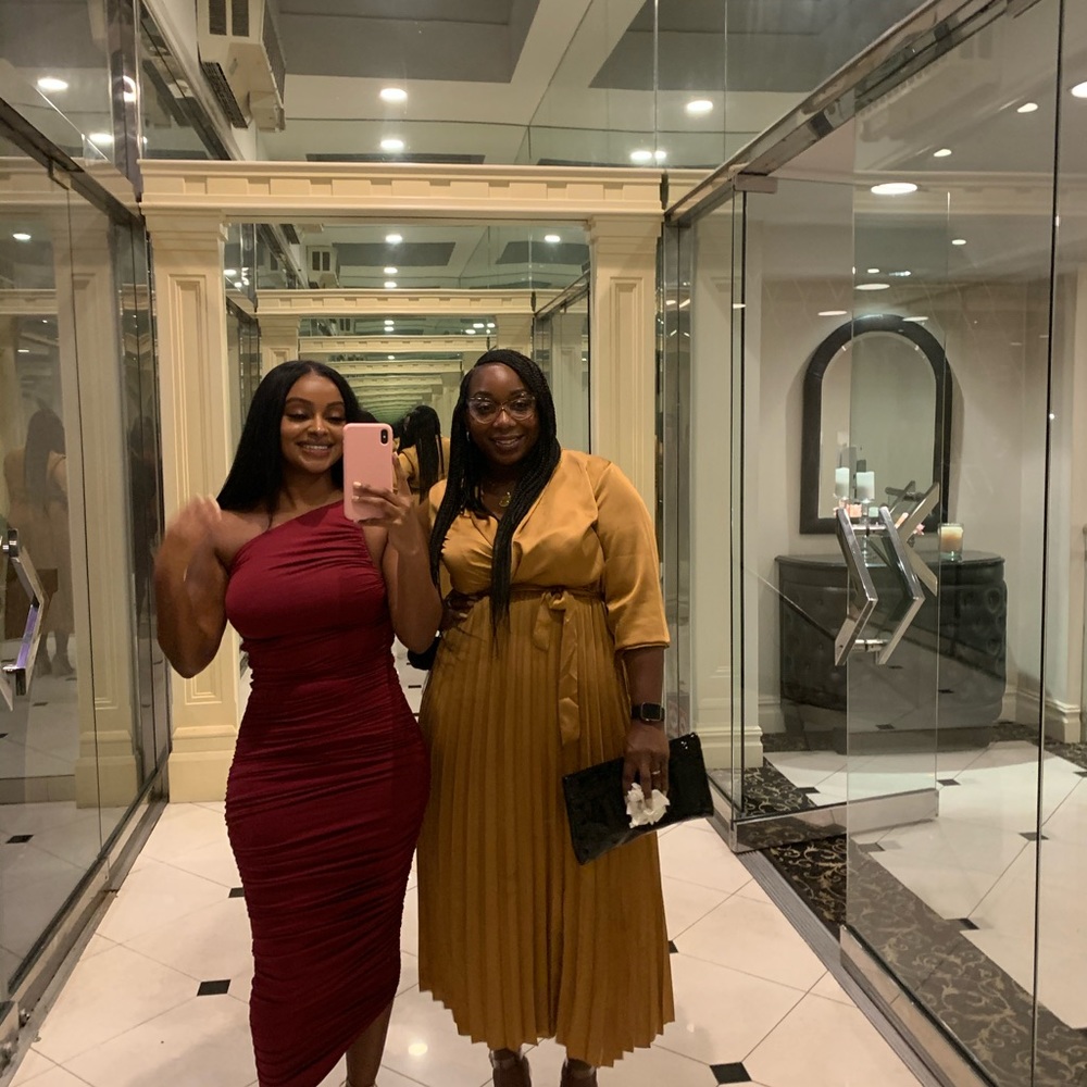 Oh Polly red wine ruched body on asymmetrical hemmed midi dress